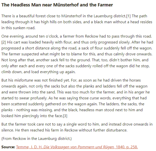German folk tale "The Headless Man near Münsterhof and the Farmer". Drop me a line if you want a machine-readable transcript!