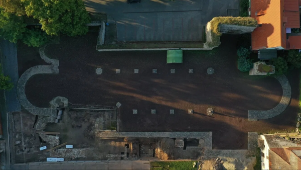 above view of the foundation of a small medieval church.