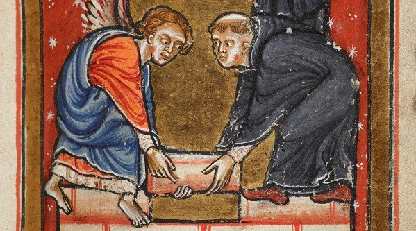 Manuscript illumination: an angel helps a monk to move a large block into position to build a wall. The monk is St Cuthbert, building his hermitage on the island of Farne. From a 12th century manuscript of Bede's Life of St Cuthbert, Yates Thompson MS 26, f39r.
