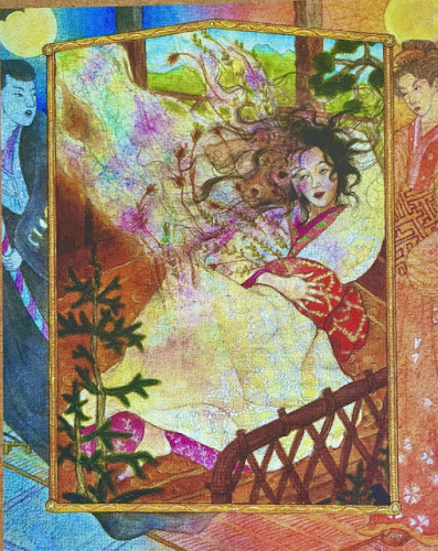 Illustration by Kris Waldherr depicting the goddess Ukemochi with Tsukuyomi and Amaterasu on either side.