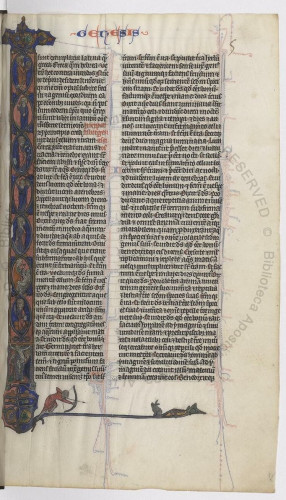 A page of dense gothic text with a large illuminated initial I at left, going from top to bottom.  The text is the end of Eusebius' prolog and the start of the book of Genesis in Latin.  Ott.lat.665 f.5r