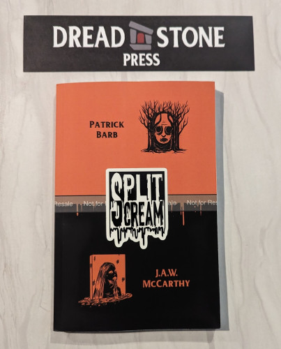 Paperback for SPLIT SCREAM VOL 3. The book is divided into orange w black ink at the top & black with orange ink at the bottom. The top illustration is of two trees with a face between them, the bottom one is an illustration of a woman's face on a painting with liquid pouring out of her mouth and coalescing at the bottom of the canvas.