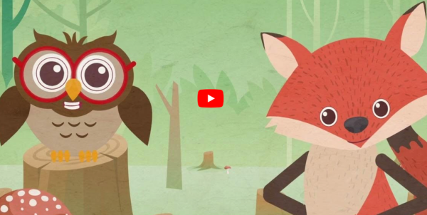 A fox and an owl in the forest (animated characters)