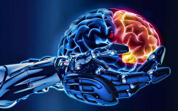 Image is an illustration on a background gradient that shifts from dark blue on the edges, to lighter shades's of blue in the middle. A metallic robot hand in multiple shades of blue, is cradling a human brain. The back half of the brain is colored in various shades of blue and the front half, in varying shades of red, pink, orange and yellow.