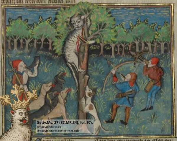 Picture from a medieval manuscript: A cat was chased up a tree by hunters and dogs.