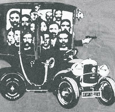 Image is a caricature of the Bonnot gang in their getaway car. By Unknown author - Le Figaro (Bibliothèque nationale de France), Public Domain, https://commons.wikimedia.org/w/index.php?curid=5144161
