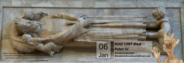 The picture shows the reclining tomb figure of Peter IV. He is crowned, wears a precious robe and has a dagger clasped with both hands.