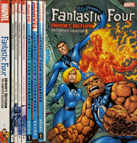 8 graphic novel spines and one cover, featuring Marvel's Fantastic Four superhero team, as follows: 

Fantastic Four, Heroes Return–The Complete Collection, Volume 1. 
Fantastic Four 1: Fourever.
Fantastic Four 3: The Herald of Doom.
Fantastic Four 5: Point of Origin. 
Fantastic Four 8: The Bride of Doom.
Fantastic Four–Visionaries: Byrne 
Fantastic Four–Visionaries: Péréz, Vols. 1 & 2.