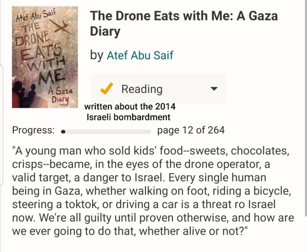 "A young man who sold kids' food--sweets, chocolates, crisps--became, in the eyes of the drone operator, a valid target, a danger to Israel. Every single human being in Gaza, whether walking on foot, riding a bicycle, steering a toktok, or driving a car is a threat ro Israel now. We're all guilty until proven otherwise, and how are we ever going to do that, whether alive or not?"