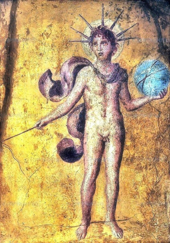 Fresco of Helios against a golden background. The god is nude except of a billowing red cloak around his shoulders and his glowing 7-rayed solar crown. He is holding a blue globe in his left hand and a whip in his right.