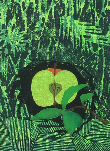 A modern Japanese print showing an apple cross section.