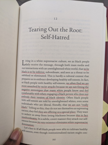 The prominent excerpt from Rock Your Soul is "we (Black people with self esteem) often find we are more assaulted by racist attacks because we are not fitting the negative stereotypes that many white people know and feel comfortable with when engaging a black person who does not embody their version of black identity".