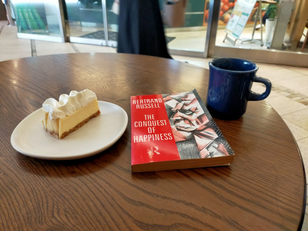 The photo is of outside of the cafe. There's a round wooden table. On it is a blue coffee mug. To the left is the paperback book which has a red vertical half & another half an abstract painting of pink possible faces & hands & black borders. Further to the left is a white plate on which is a cheesecake with whipped cream on top. In the distance a blurry person is walking past