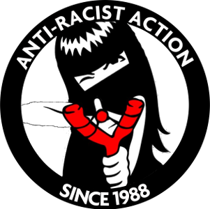 Anti-Racist Action logo depicting a person in a bandana aiming a slingshot at the viewer. Reads: Anti-Racist Action since 1988.