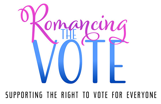 Logo for Romancing the Vote, with the words in fancy font going from pastel pink to pastel royal blue, and the text "Supporting the right to vote for everyone" in black font.