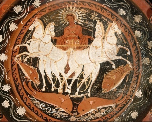 Helios in his sun chariot as he rises from the sea at dawn. He is crowned with a spikey aureola and he is holding the reins in his right and a crop in his left. His four horses are white, a stark contrast to the black background. The sea is symbolised by two dolphins at the bottom of the scene and two fish just below the horses.
