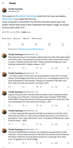 In this six tweet thread, a second grade teacher describes introducing Prodigy to their class and how the kids became invested in Prodigy and Star Trek in general.