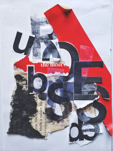 a collage of torn paper with distressed typography that says "U R obsessed"