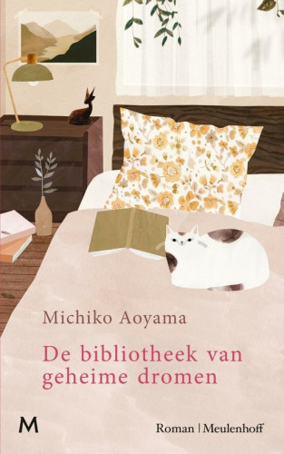 Een boekomslag waarop een bed te zien is waarop een kussen, boek en kat liggen. 