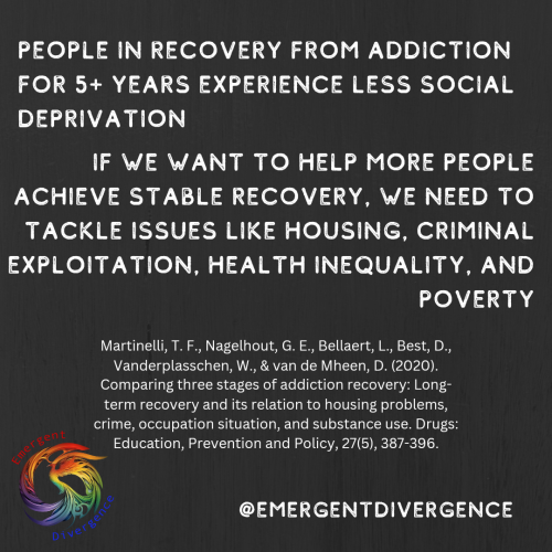 Text reads "People in recovery from addiction for 5+ years experience less social deprivation

If we want to help more people achieve stable recovery, we need to tackle issues like housing, criminal exploitation, health inequality, and poverty

Martinelli, T. F., Nagelhout, G. E., Bellaert, L., Best, D., Vanderplasschen, W., & van de Mheen, D. (2020). Comparing three stages of addiction recovery: Long-term recovery and its relation to housing problems, crime, occupation situation, and substance use. Drugs: Education, Prevention and Policy, 27(5), 387-396."