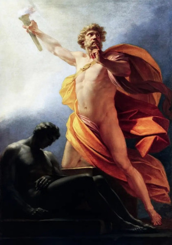 Painting of Prometheus standing with a torch over a man he is about to bring to life.
