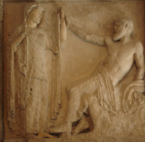 Marble relief of Zeus and Hera. Zeus is seated, reaching up to Hera, who is veiled like a bride.