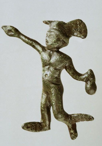 Hermes-Mercurius with purse, winged hat and winged feet.