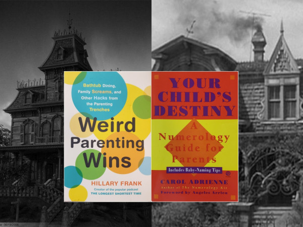 Bathtub Dining, Family Screams, and Other Hacks from the Parenting Trenches.

Weird Parenting Wins.

HILLARY FRANK Creator of the popular podcast THE LONGEST SHORTEST TIME.

———

YOUR CHILD'S DESTINY.

A Numerology Guide for Parents.

Includes Baby-Naming Tips.

CAROL ADRIENNE, Author of The Numerology Kit

Foreword by Angeles Arrien.

———

A composite photo of two books, each visually notable for bright, bold colors and geometric designs having no bearing whatsoever on their content — merely an attempt to catch the eye of a potential buyer, and not particularly worthy of this description.