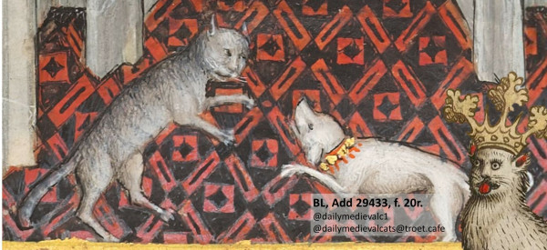 Picture from a medieval manuscript: A cat and a dog playing together