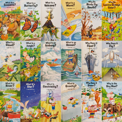 A photo of 18 children's books arranged in a square grid. Each book is narrow, about twice as tall as it's width. Each book has a glossy white cover with cute and colorful hand drawn art illustrating each book topic. The titles shown here are as follows:

What Are Seasons?
What Is a Butterfly?
What Is a Volcano?
What Is a Wave?
Why Do Birds Fly South?
Why Do Leaves Change Color?
What Is a Cloud?
What Is a Jungle?
What Is an Iceberg?
What Is an Ocean?
Why Does It Float?
Why Does It Fly?
What Is a River?
What Is a Star?
What Is Electricity?
What Is Gravity?
Why Does It Snow?
Why Is the Sky Blue?