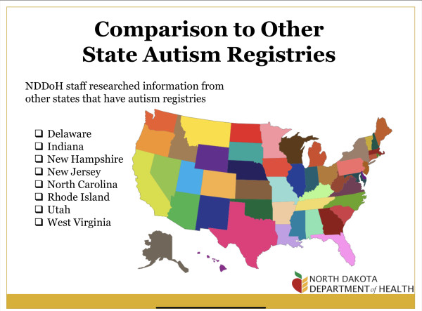 A graphic of a map highlights which states currently have mandated autism registries. The states include: Delaware, Indiana, New Hampshire, New Jersey, North Carolina, Rhode Island, Utah and West Virginia