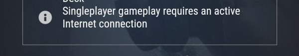 A warning for Palworld reading "Single player gameplay requires an active Internet connection."