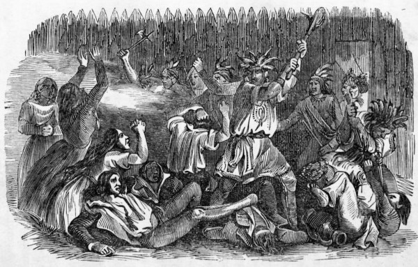 Scene from the Fort Mims massacre, depicting the slaughter of men and women. By https://www.flickr.com/photos/internetarchivebookimages/14579187199/Source book page: https://archive.org/stream/thrillingadventu00fros_0/thrillingadventu00fros_0#page/n299/mode/1up, Public Domain, https://commons.wikimedia.org/w/index.php?curid=4562894