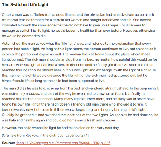 German folk tale "The Switched Life Light". Drop me a line if you want a machine-readable transcript!