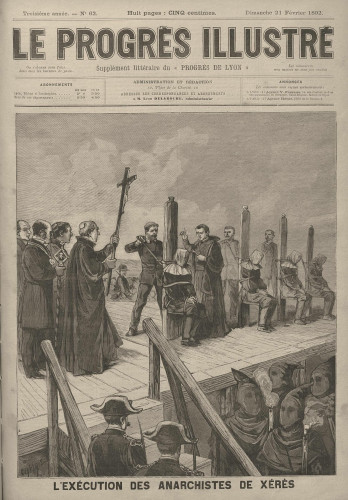 Execution of 4 of the accused for the uprising. They are shown seated, tied to posts and hooded, with a priest standing over them. By Le Progrès illustré - Le Progrès illustré, Bibliothèque Municipale de Lyon, Public Domain, https://commons.wikimedia.org/w/index.php?curid=4068148