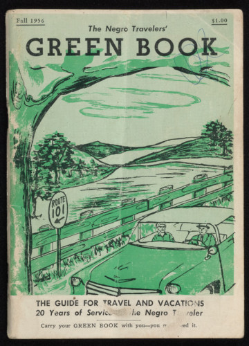 Cover image of the Green Book, 1956. There is a couple riding in a car in the bottom right. They are driving along a rural highway labeled Route 101. There is a tree and field behind a fence in the center/left of the image.