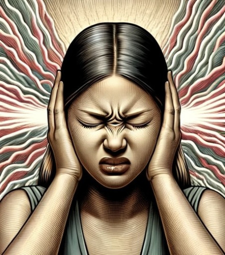 An illustration of a girl with her hands covering her ears as loud sound waves are hitting her.