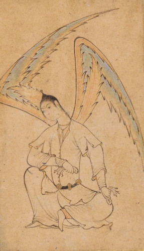 A painting of "A Seated Angel" (Wikimedia description), 1610-1625.

Wikimedia Commons: https://commons.wikimedia.org/wiki/File:A_Seated_Angel_(Peri),_Mounted_on_an_album_leaf_LACMA_M.85.237.40_(3_of_4).jpg