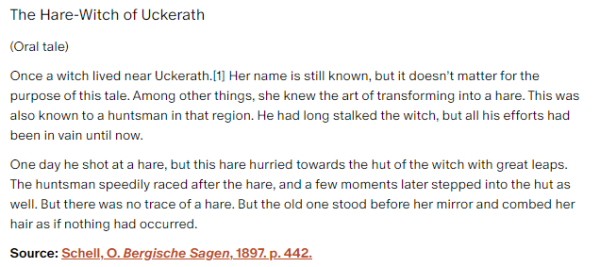 German folk tale "The Hare-Witch of Uckerath". Drop me a line if you want a machine-readable transcript!