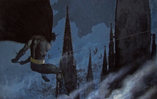 Batman hovering through the Gotham City skyline. Art by Scott Hampton.