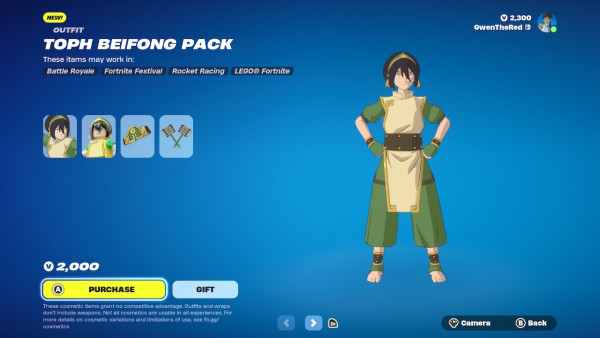 A screenshot from the Fortnite item shop, showing the character Toph Beifong from Avatar: The Last Airbender, for sale. 