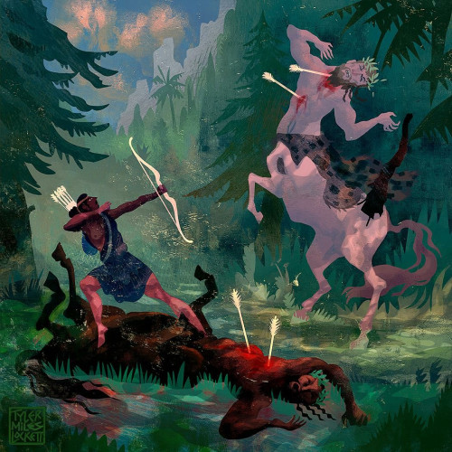 An illustration showing Atalanta standing over one dead centaur while just having shot a second centaur. The scene is a glade in a forest.