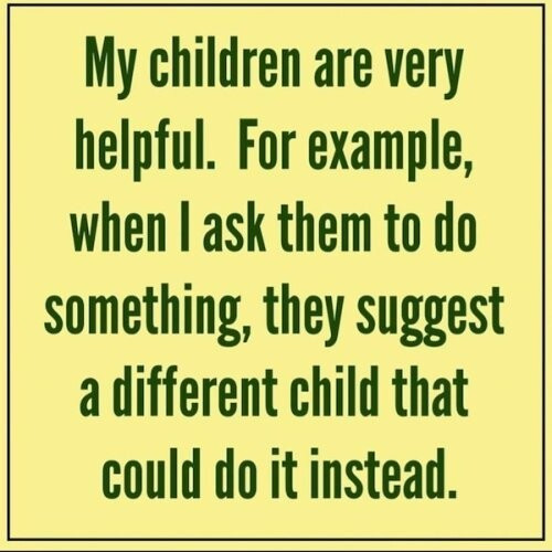 A green text on yellow background saying "My children are very helpful. For example when I ask them to do something, they suggest a different child that could do it instead."