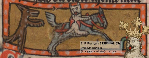 Picture from a medieval manuscript: A white cat on a horse and a fox compete in a race.