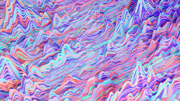 An abstract digital artwork, many wavy lines peaking and troughing to make an uneven landscape in pastel colours.