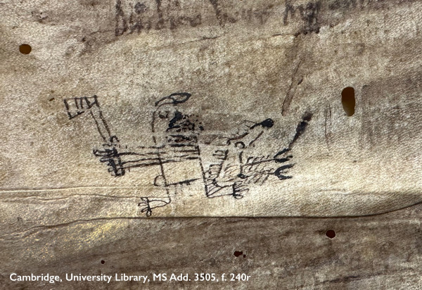 A close-up photo of a doodle upon a leaf in a medieval manuscript: folio 240 recto in Cambridge, University Library, manuscript Additional 3505. Depicted are part of a heavily creased and discoloured parchment leaf marked with smudged and faded inscriptions and occasional tiny holes. Amidst this chaos, a late medieval or early modern child has used black ink to create a doodle of a Mohawk-haired, axe-wielding maniac. Grasping the huge weapon with both hands, mouth agape in a roar of rage, the tiny warrior prepares to charge across the page, alongside a long-snouted beast bristling with hair. The target of this fierce challenge remains unclear; perhaps it was frightened off centuries ago. 