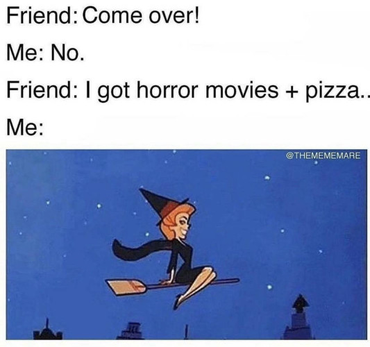 Friend: Come over!
Me: No.
Friend: I got horror movies + pizza.
Me:
(Picture of the animated beginning of them show Bewitched, which shows a cartoon of a witch riding a broom in the sky.)