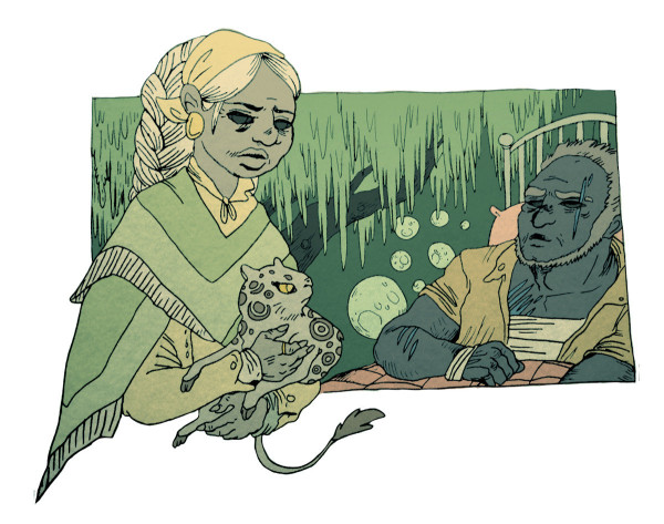 Yoss, a  woman holding a cat-like creature, sits alongside an old man, Abberkam, who is sick. Their eyes are fully black, their skins greenish and dark blue, showing they're human but changed by adaptation to an alien planet.