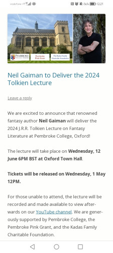 The picture is a screenshot from Tolkien Lecture website where is announced that author Neil Gaiman will deliver a lecture about Tolkien at Pembroke College - Oxford Town Hall, on June 12th at 6PM BTS.

Tickets will be available on Wednesday May 1st, 12PM.