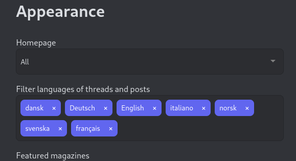 The language filter as it appears in the kbin settings, with a few European languages selected